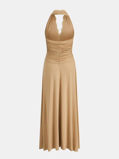 Lace Trim Halter Wrap Maxi Dress