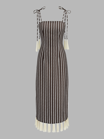 Striped Tassel Tie-Strap Midi Dress