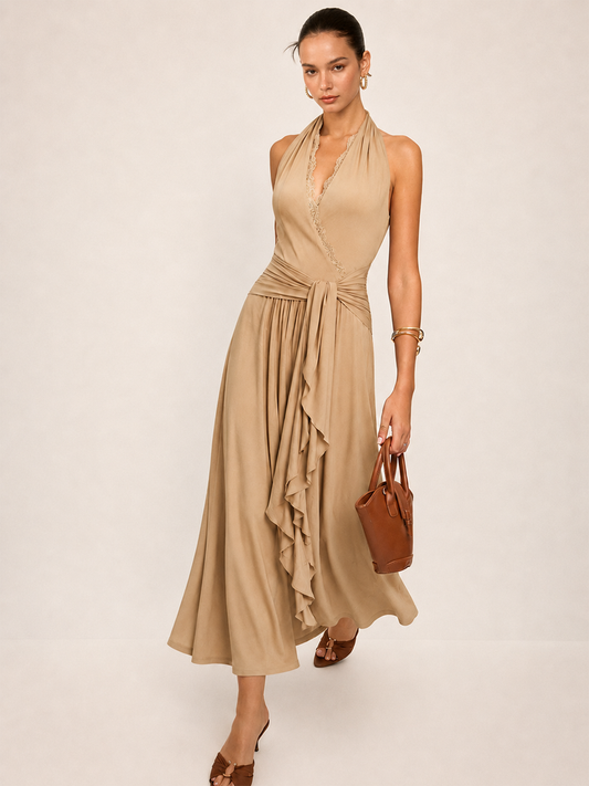 Lace Trim Halter Wrap Maxi Dress