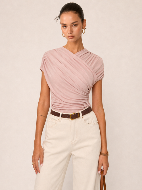 Wrap-Front Ruched Short Sleeve Top