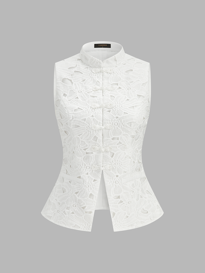 Guipure Lace Mandarin Collar Frog Button Vest