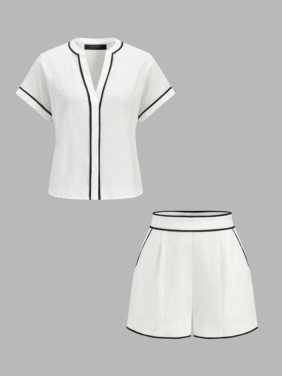 Cotton Linen Contrast Trim Top & Shorts Set