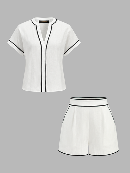 Cotton Linen Contrast Trim Top & Shorts Set