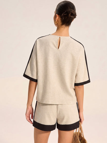 Cotton Linen Contrast Trim Top & Shorts Set