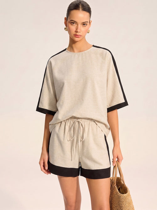 Cotton Linen Contrast Trim Top & Shorts Set