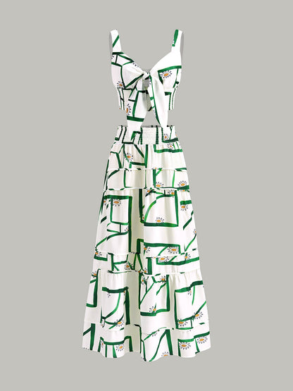 Front Tie Cami Top With Tiered Skirt Set