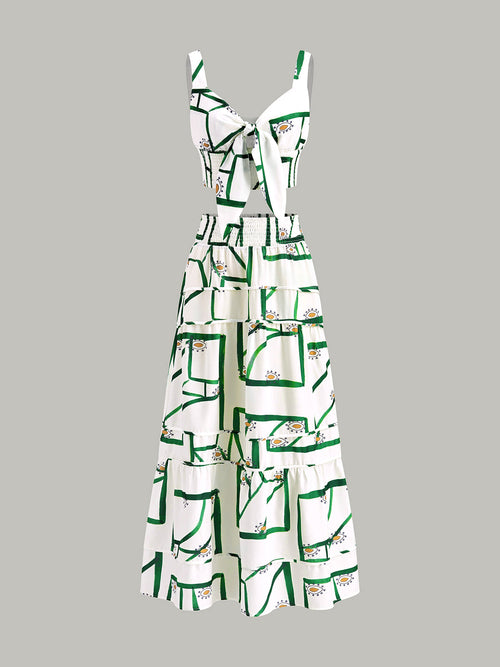 Front Tie Cami Top With Tiered Skirt Set