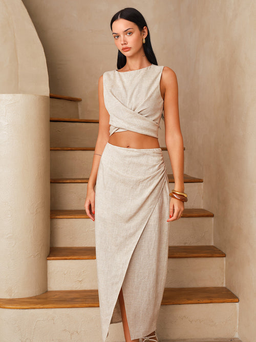 Linen-Blend Knot-Back Top & Wrap Skirt Set