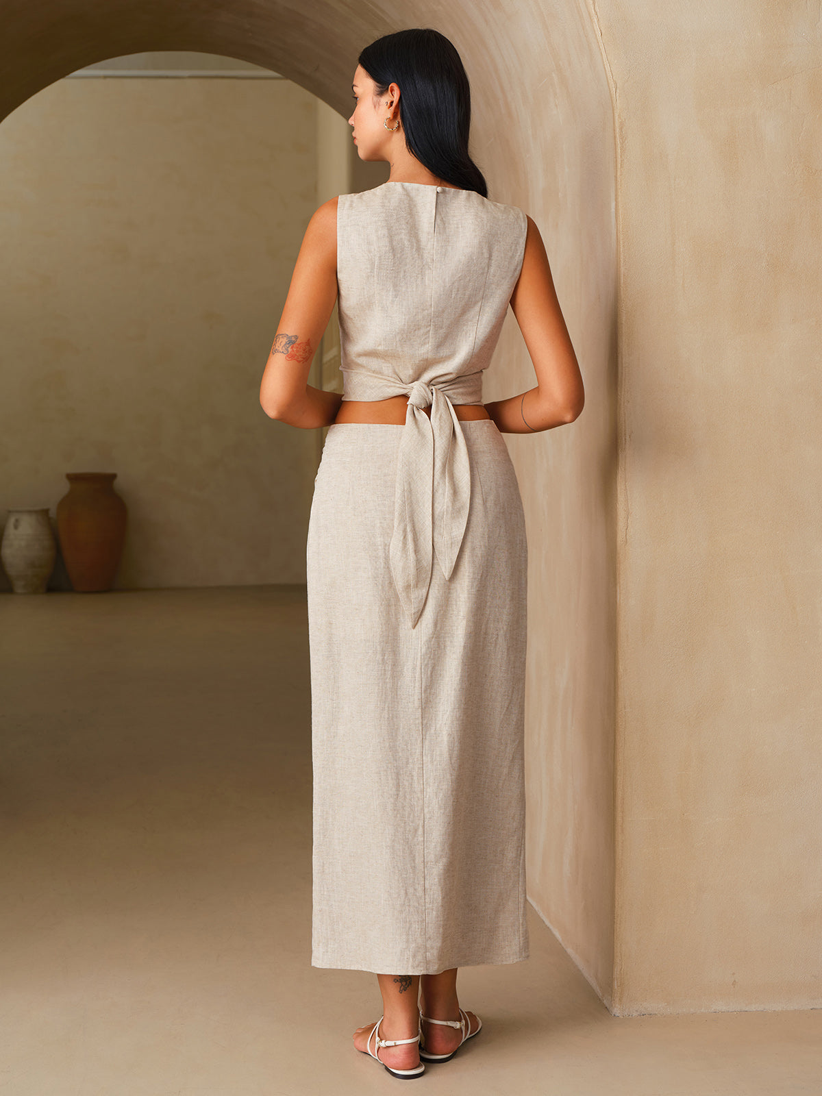 Linen-Blend Knot-Back Top & Wrap Skirt Set