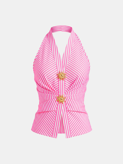 Cotton Blend Striped Halter Top