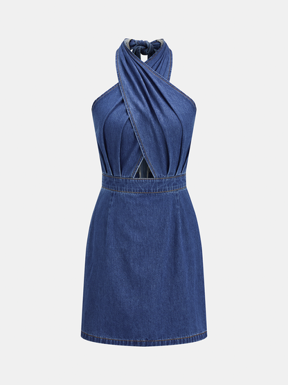Cross-Front Halter Neck Denim Mini Dress