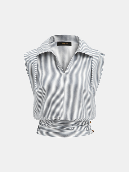Striped Collared Sleeveless Cinched Blouse