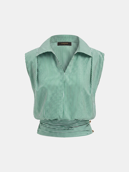 Striped Collared Sleeveless Cinched Blouse