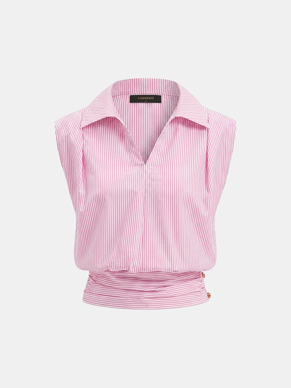 Striped Collared Sleeveless Cinched Blouse