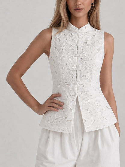 Guipure Lace Mandarin Collar Frog Button Vest