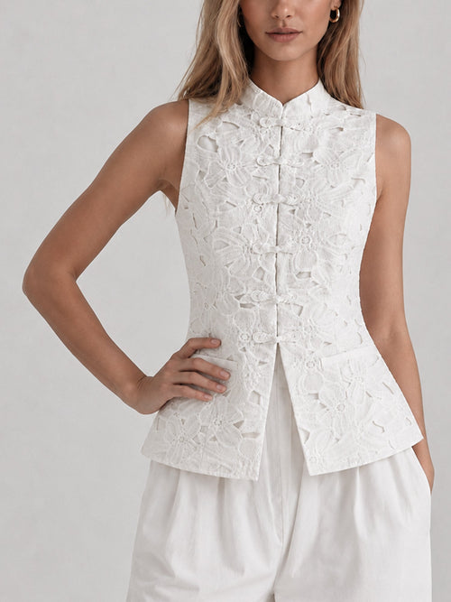 Guipure Lace Mandarin Collar Frog Button Vest