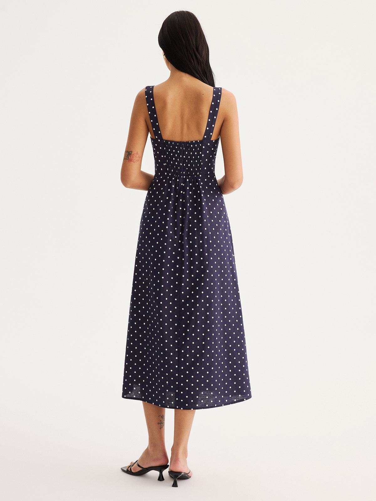 Polka Dot Cutout Cotton Linen Maxi Dress