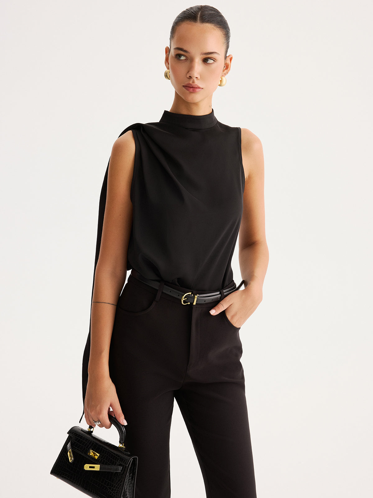 Asymmetric Tie Detail Satin Sleeveless Blouse
