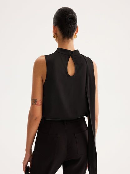 Asymmetric Tie Detail Satin Sleeveless Blouse