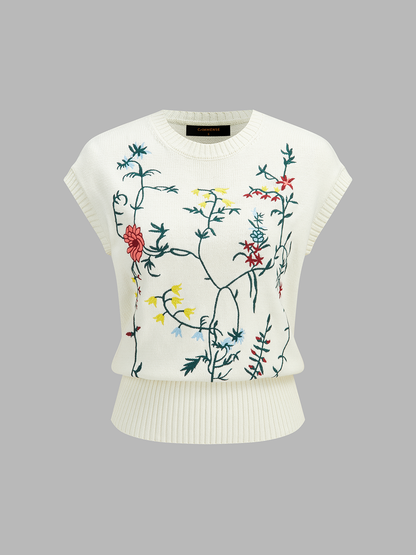 Floral Embroidered Sleeveless Knit Top
