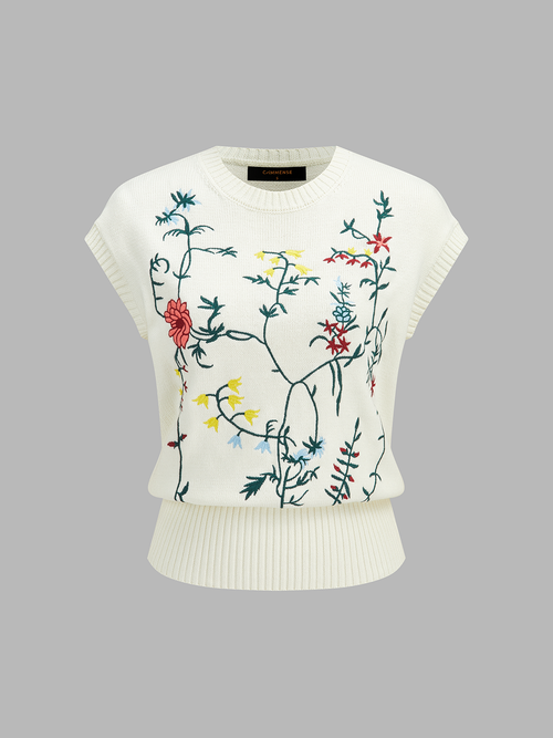 Floral Embroidered Sleeveless Knit Top