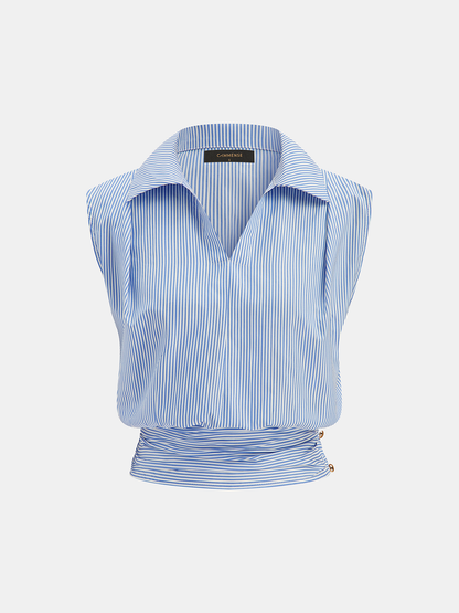 Striped Collared Sleeveless Cinched Blouse