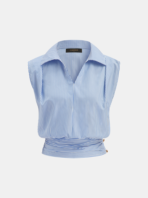 Striped Collared Sleeveless Cinched Blouse