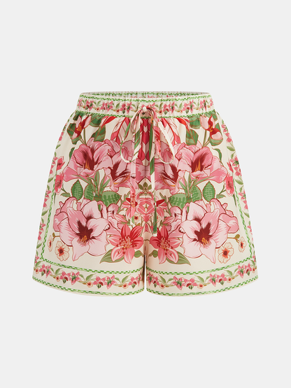 Floral Print Drawstring Casual Shorts