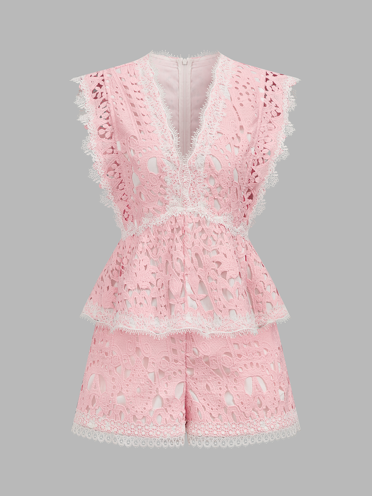 V-Neck Guipure Lace Peplum Top & Shorts Set