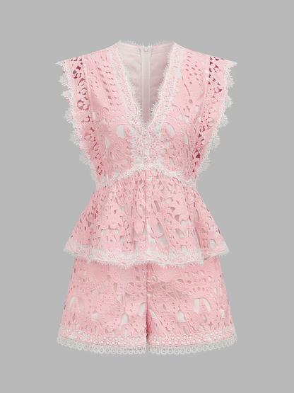 V-Neck Guipure Lace Peplum Top & Shorts Set