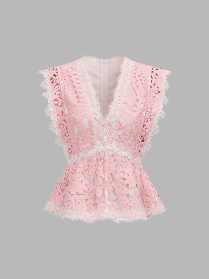 V-Neck Guipure Lace Peplum Top & Shorts Set