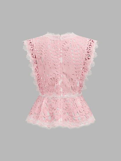 V-Neck Guipure Lace Peplum Top & Shorts Set