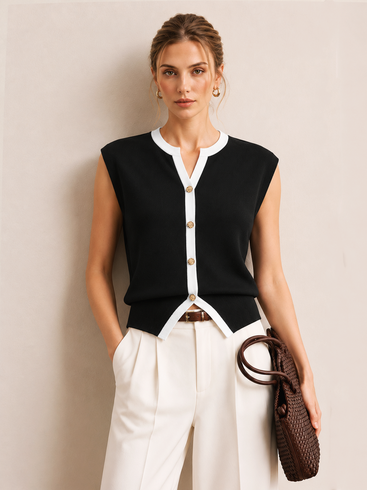 Contrast Trim Metal Button Knit Vest