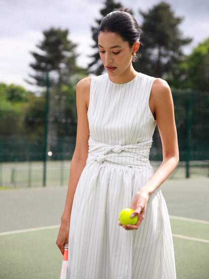 Cotton Blend Striped Ruched Sleeveless Maxi Dress
