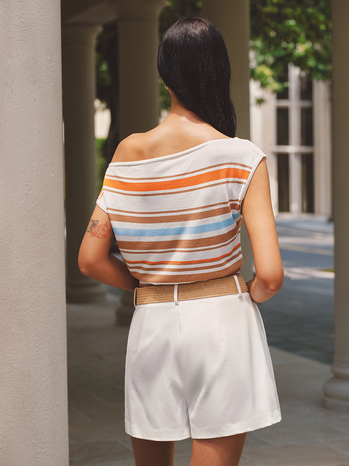 Off-Shoulder Colorful Stripe Knit Top