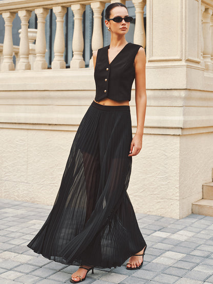 Cropped Vest & Sheer Pleated Palazzo Pants Set