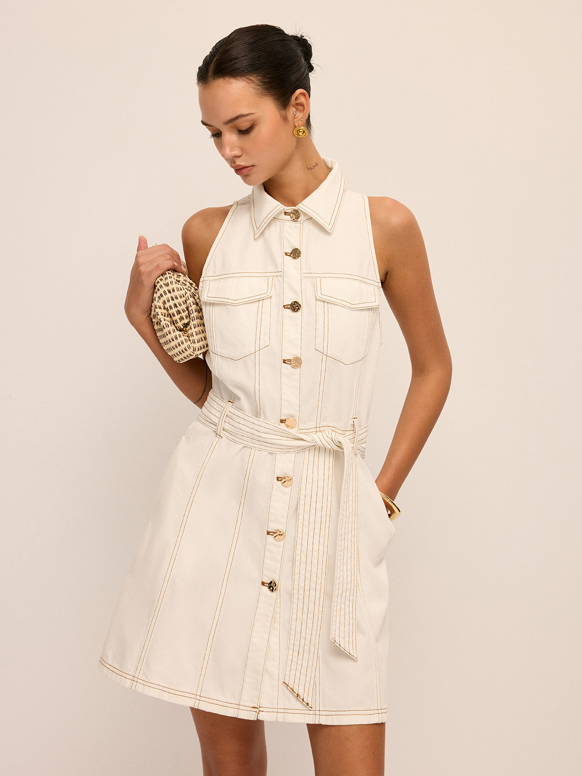 Sleeveless Belted Denim Shirt Dress