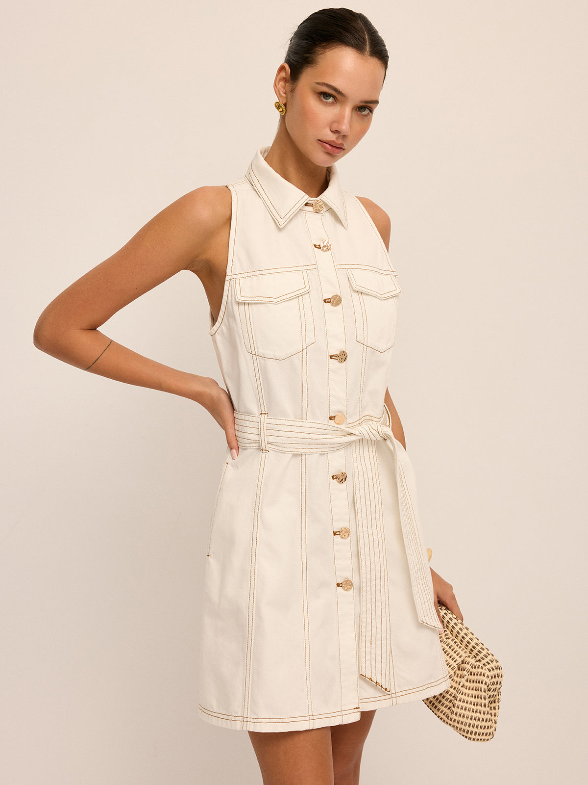 Sleeveless Belted Denim Shirt Dress