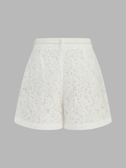 Mid-Waist Belted Lace Shorts