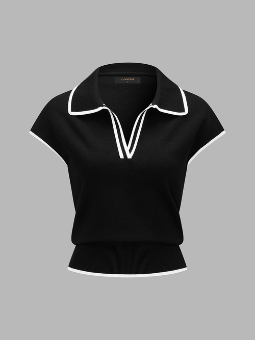 Contrast Trim Short Sleeve Knitted Polo Top