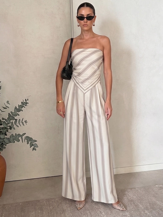 Striped Strapless Top & Wide Leg Pants Set