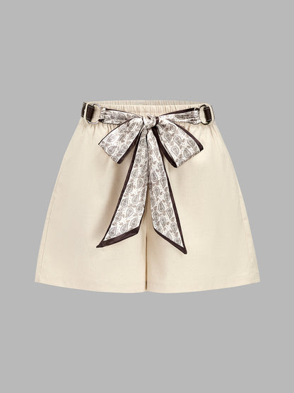 Casual Bow Tie Waist Linen Blend Shorts