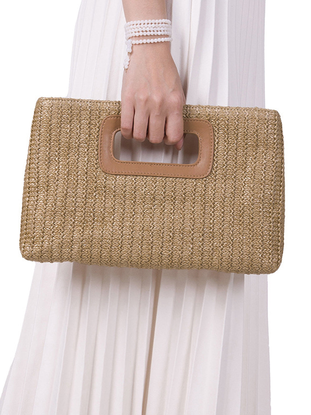 Straw Woven Cutout Handle Clutch Bag