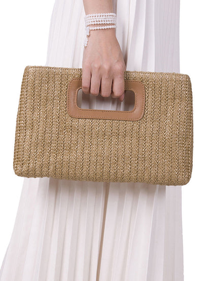 Straw Woven Cutout Handle Clutch Bag