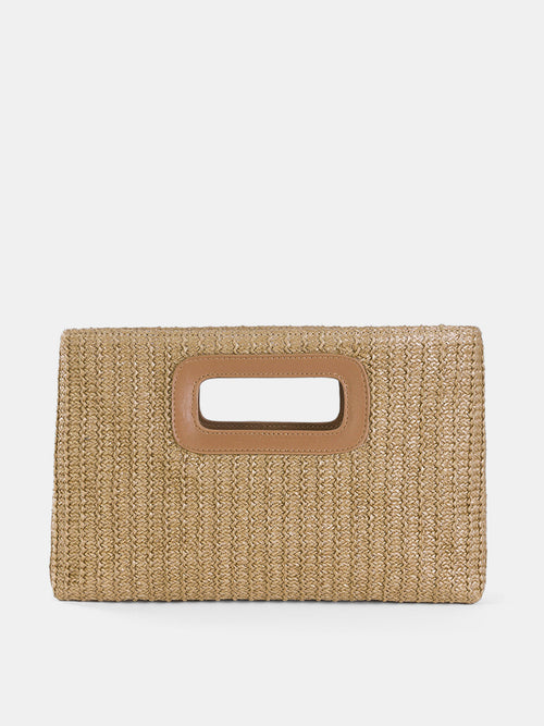 Straw Woven Cutout Handle Clutch Bag