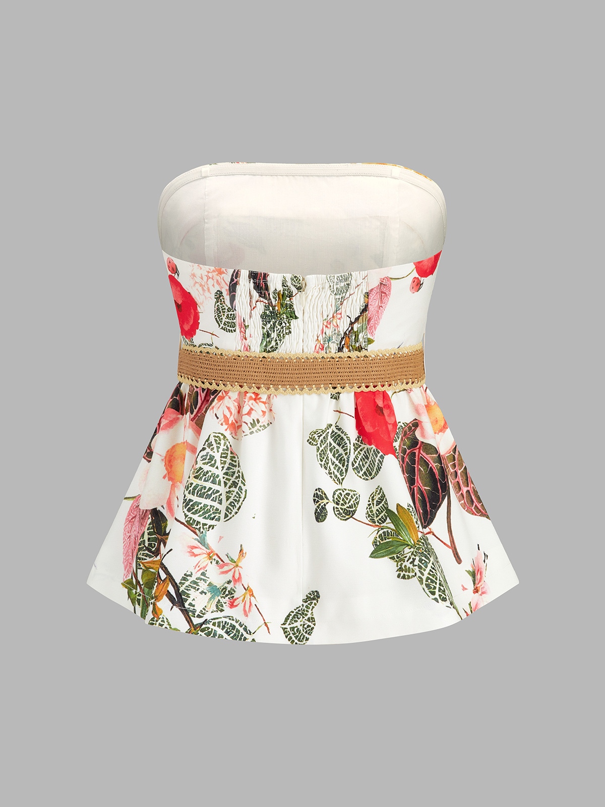 Floral Print Belted Strapless Top & Shorts Set