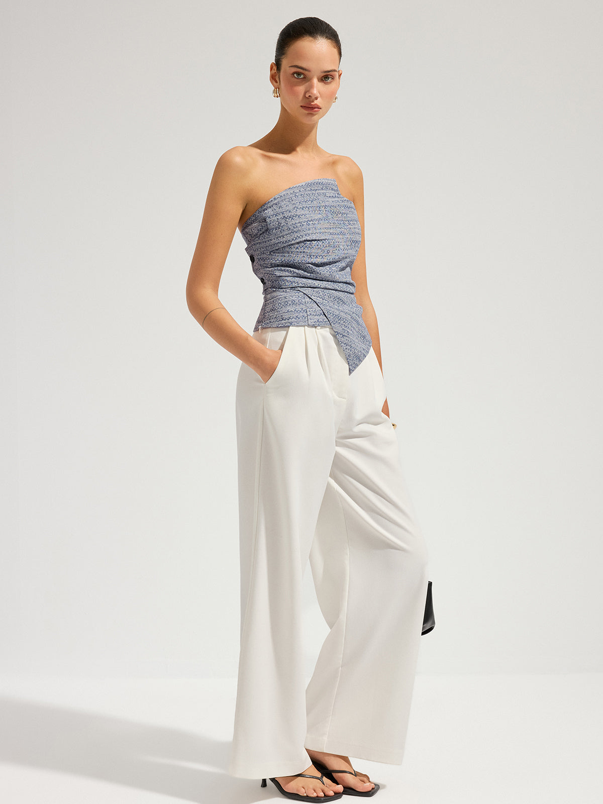 Geometric Print Strapless Ruched Top