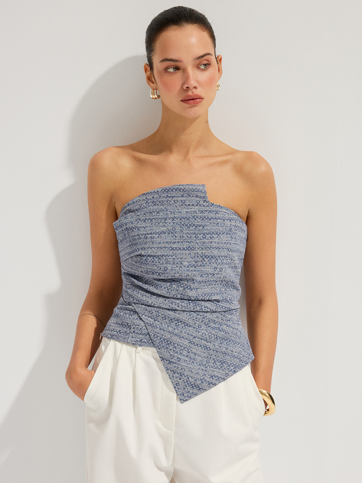 Geometric Print Strapless Ruched Top