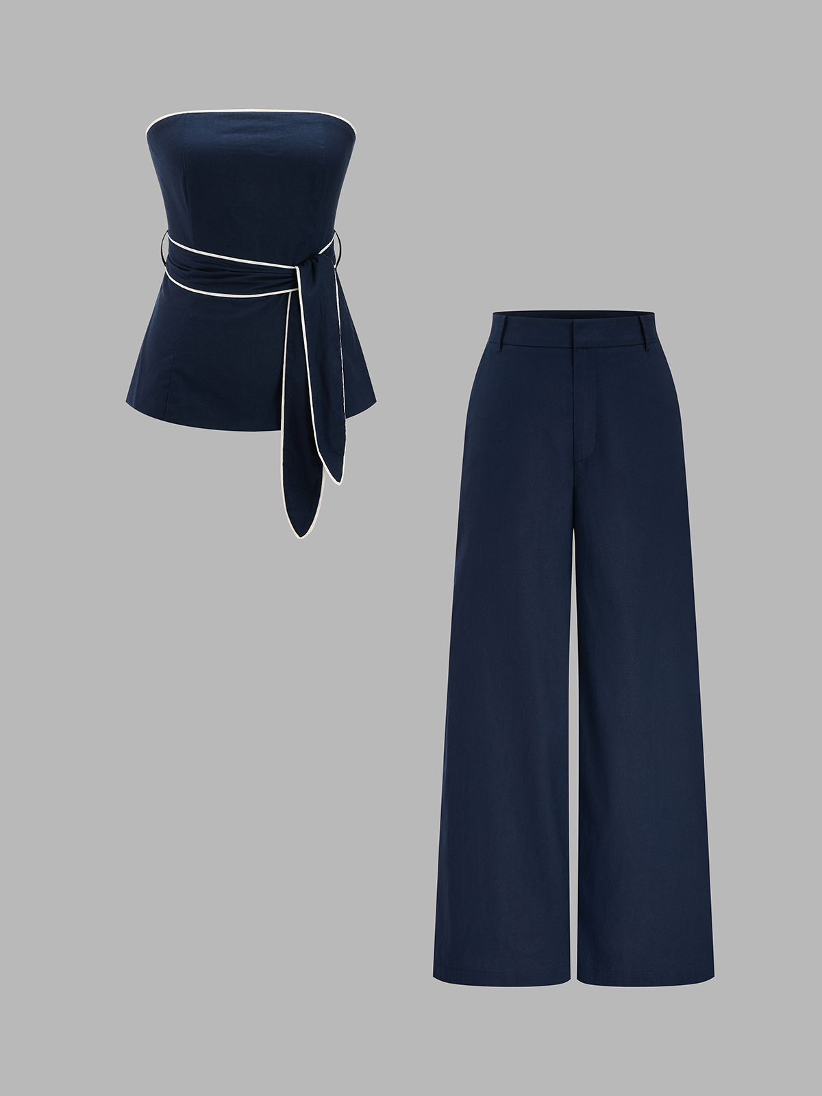 Cotton Linen Belted Strapless Top & Pants Set