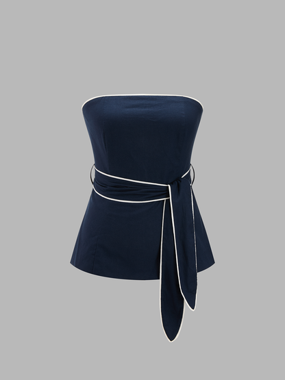 Cotton Linen Belted Strapless Top & Pants Set